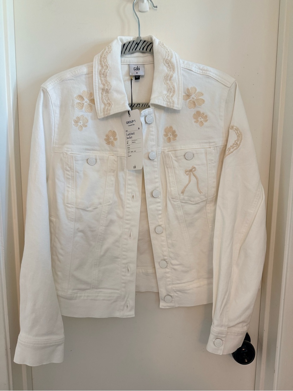 CAbi White Denim Jacket with Cream Embroidery
